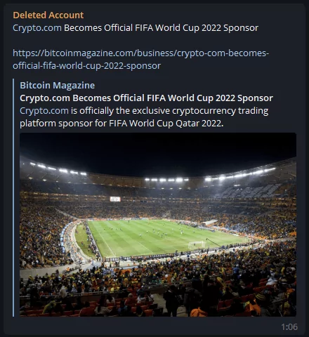 A news post about crypto.com becoming Official FIFA World Cup 2022 Sponsor (https://t.me/c/1589402651/45162)  