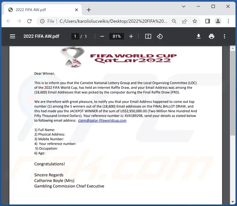 Phishing document sent for stealing PIIs (Personally Identifiable Information) (pcrisk.com) 