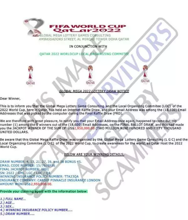Lottery Scam Email Sample Related to FIFA World Cup 2022 Qatar (www.scamsurvivors.com) 