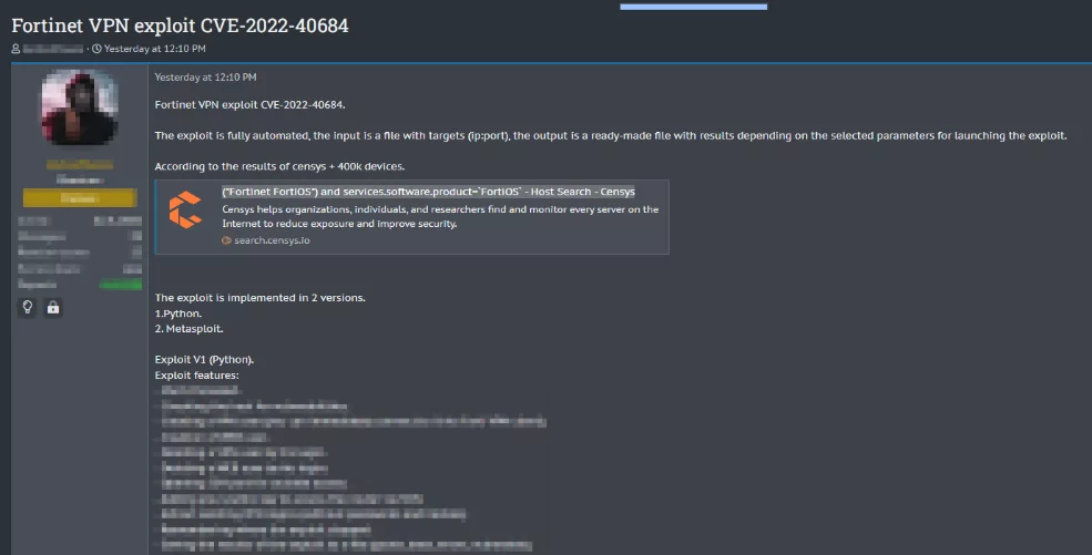 An attacker sells Fortinet VPN exploit of CVE-2022-40684 (Source: SOCRadar)