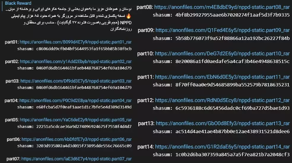 Figure 7, Black Reward leaked 50GB of data on their Telegram channel. The whole leak consists of 14 parts.  