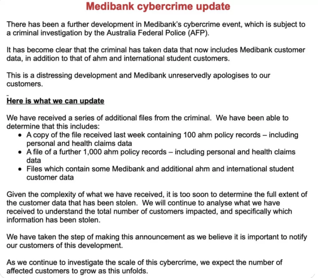 The statement of Medibank on October 25th 