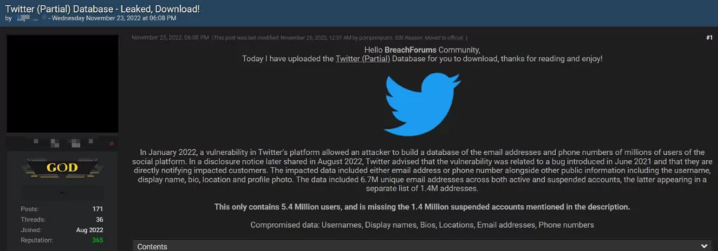 Twitter data leak post on a hacker forum. (Source: SOCRadar)
