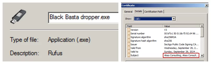 Dropper mimics the USB bootable drives on the left and the dropper's spoofed certificate on the right. (Source: Checkpoint) 