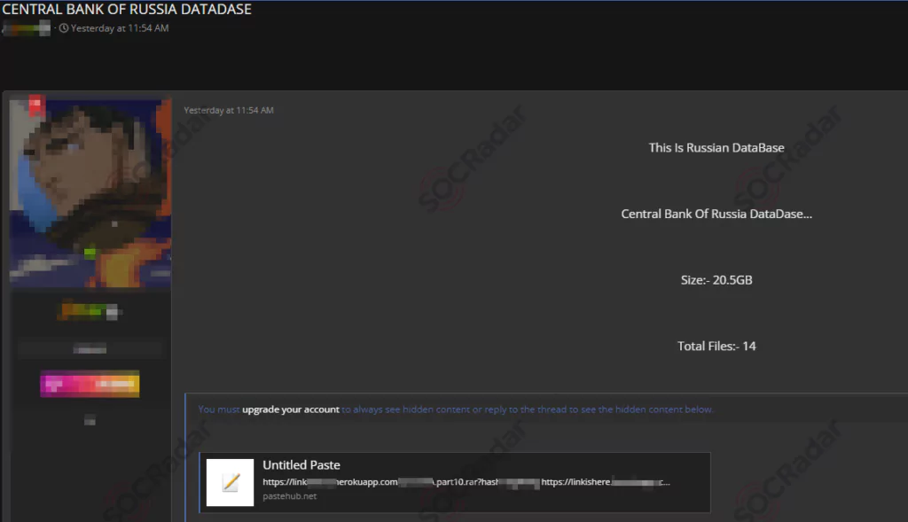 A forum post (in a hacker forum monitored by SOCRadar) about sharing the Central Bank of Russia’s Database