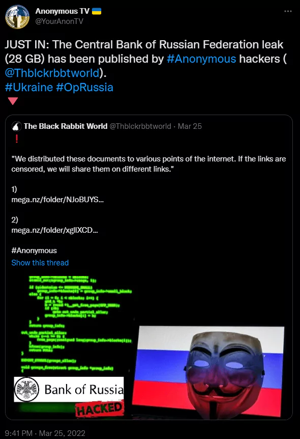 Anonymous’ announcement of Central Bank of Russia’s leak on Twitter 