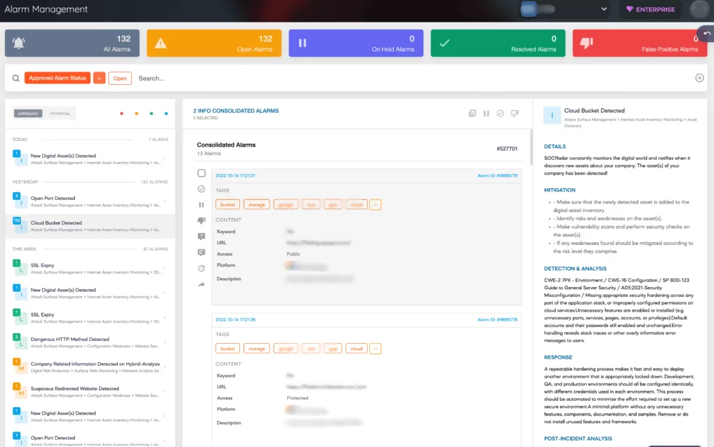 SOCRadar’s Cloud Security Module sends instant alarms about cloud buckets’ status.