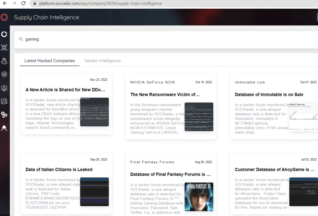 Latest intelligence related to the gaming industry from SOCRadar XTI Platform 