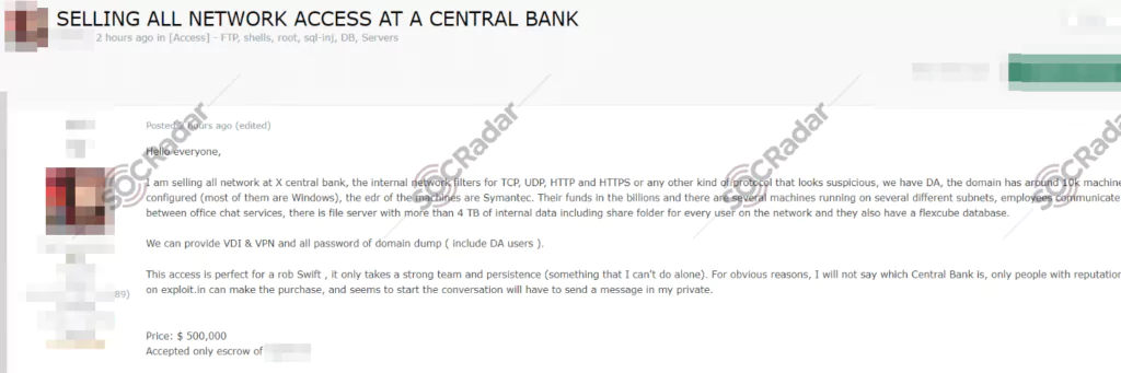A forum post about selling network access to an unnamed Central Bank 