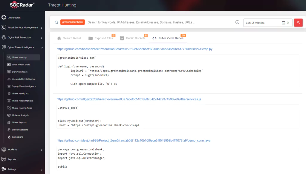 Figure 4. SOCRadar Platform-Threat Hunting tab may help you to scan public code repositories for keywords, IP addresses, domains, and more.