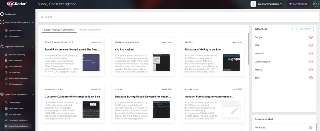 The SOCRadar Supply Chain Intelligence tab helps you keep up-to-date with the latest hacked companies. Organizations may also add their vendors on WatchList.