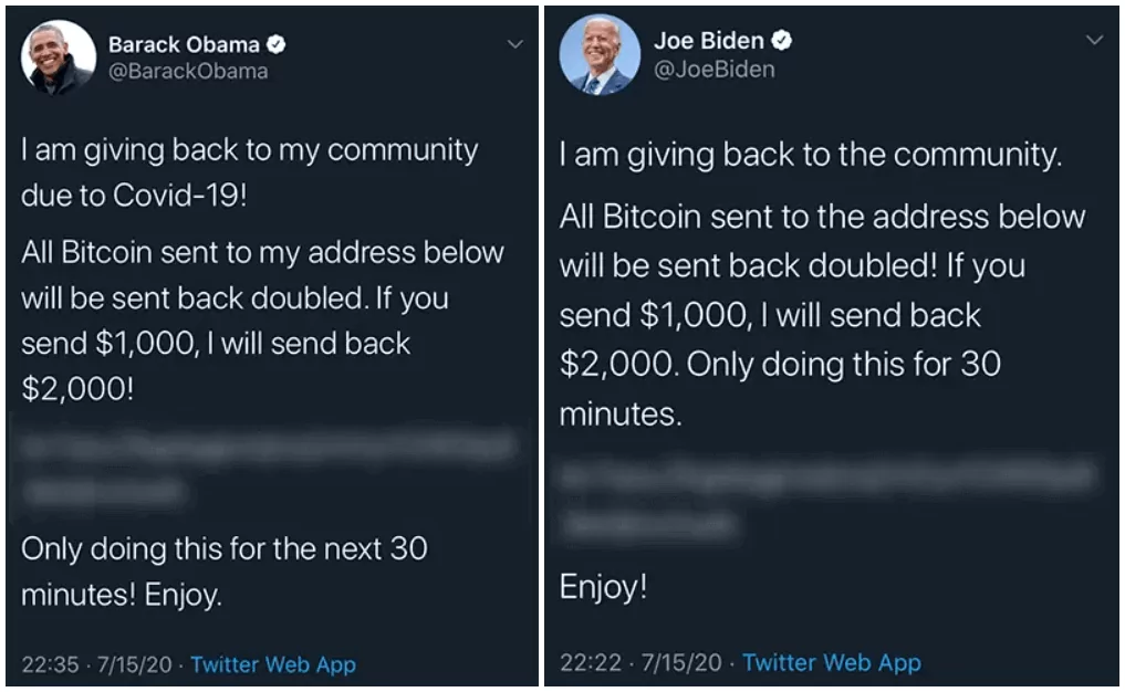 Obama’s and Biden’s tweets in 2020 Twitter hack.