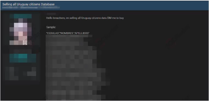 In a hacker forum, SOCRadar detected a new alleged Uruguayan citizens' database sale.