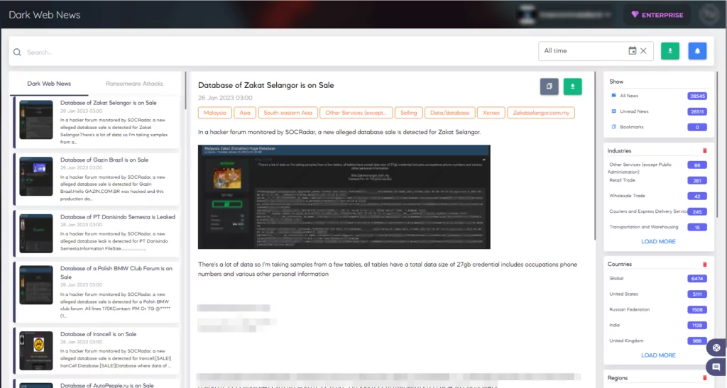 SOCRadar's Dark Web News module brings you up-to-date information about cyber incidents.