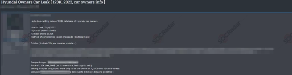 A threat actor selling 120K database of Hyundai car owners