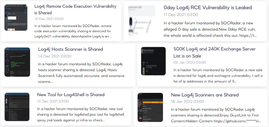 Log4Shell Dark Web posts provided by SOCRadar Dark Web News