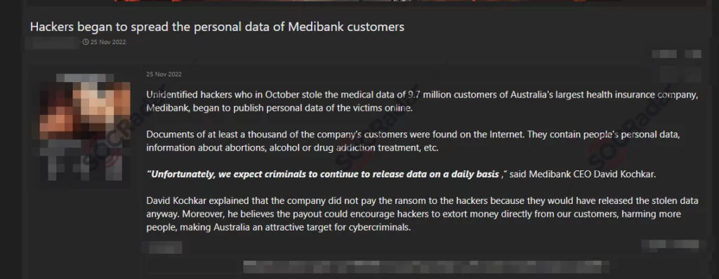 SOCRadar DarkWeb Team observed: Medibank’s leaked data spread over Dark Web.