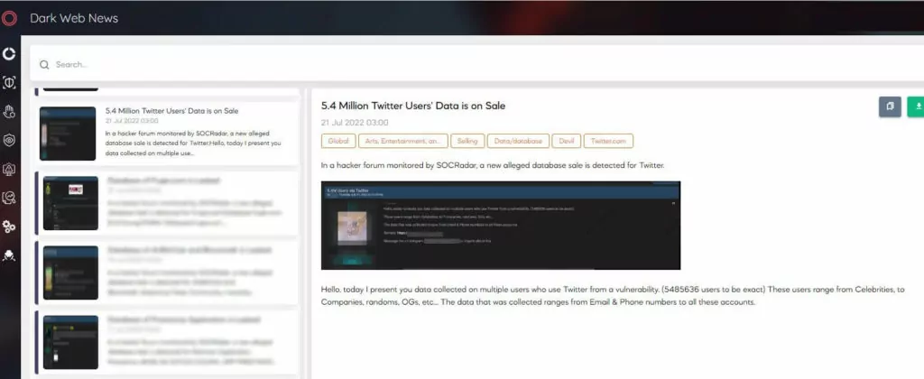 SOCRadar XTI platform, Dark web news module, 5,4 million Twitter user’s data on sale post