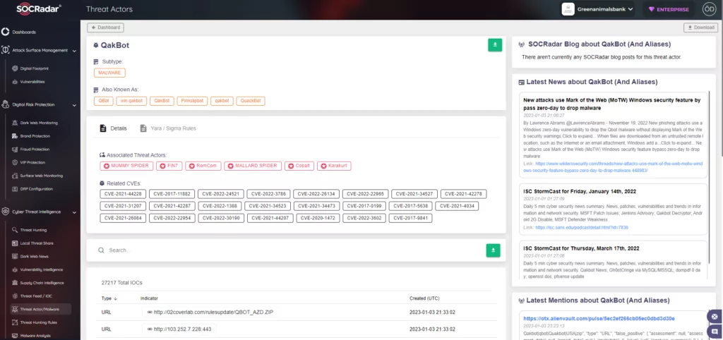 SOCRadar Threat Actors/Malware tab may module keeps track of hacker groups, ransomware organizations and the malware they use, indexes them and allows you to access relevant IoCs.