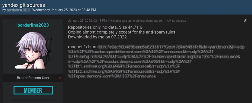Yandex has been leaked on BreachForums
