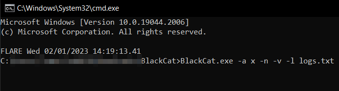 Screenshot shows the use of BlackCat with various settings on the command line