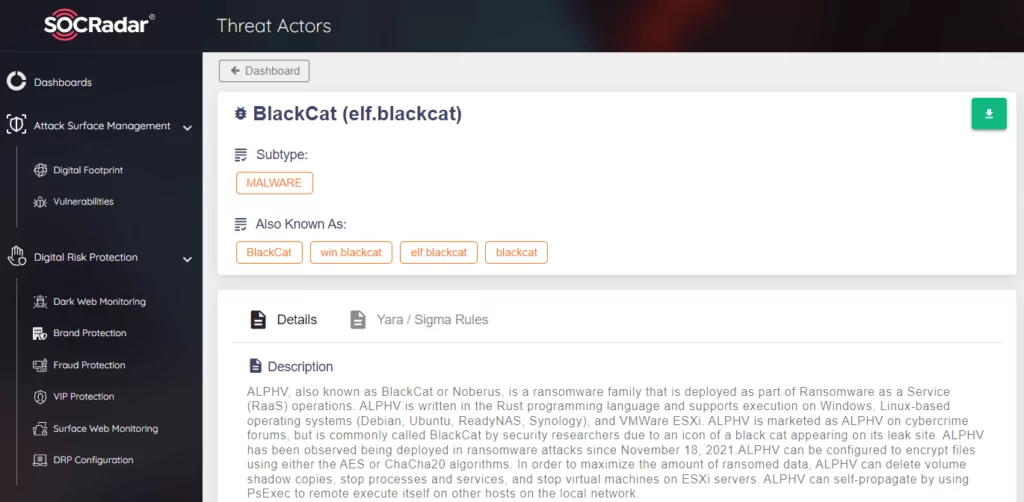 BlackCat’s ThreatActor Page in SOCRadar platform