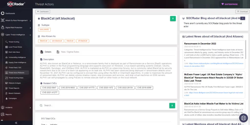 Detailed information page about BlackCat in SOCRadar’s Threat Actors panel