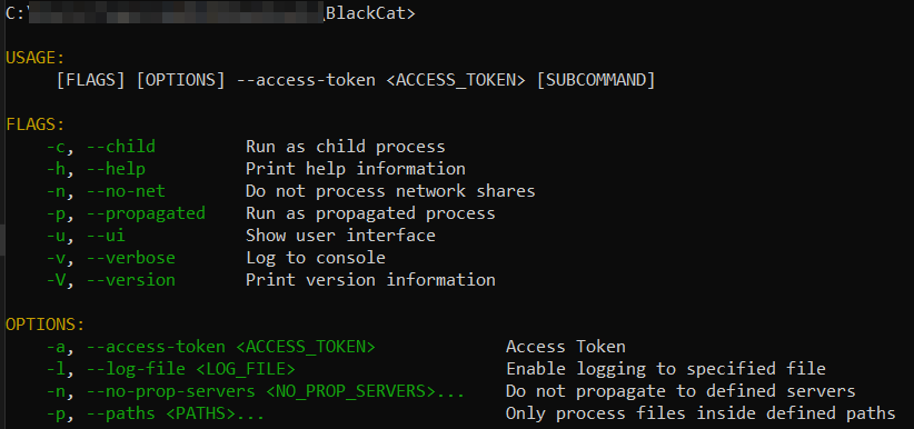 BlackCat v1’s help screen