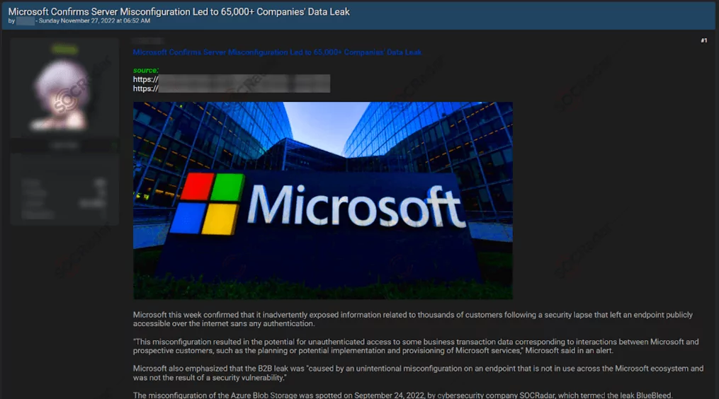Dark Web post about Microsoft Confirming the incident