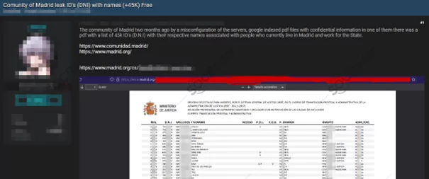 A threat actor sharing Community of Madrid’s leak for free on dark web forum