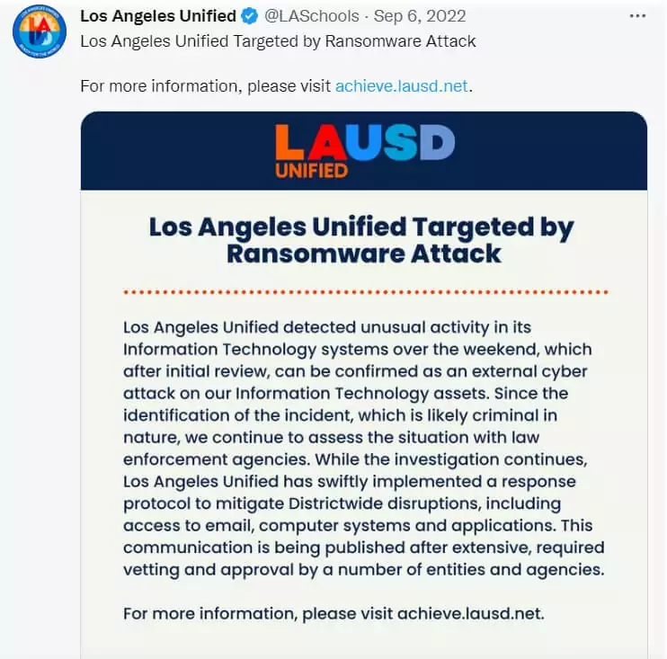 Ransomware announcement of LAUSD 