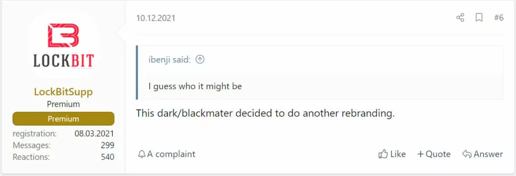 Dark Web forum post from a member of LockBit about Blackcat’s relation between BlackMatter and Darkside
