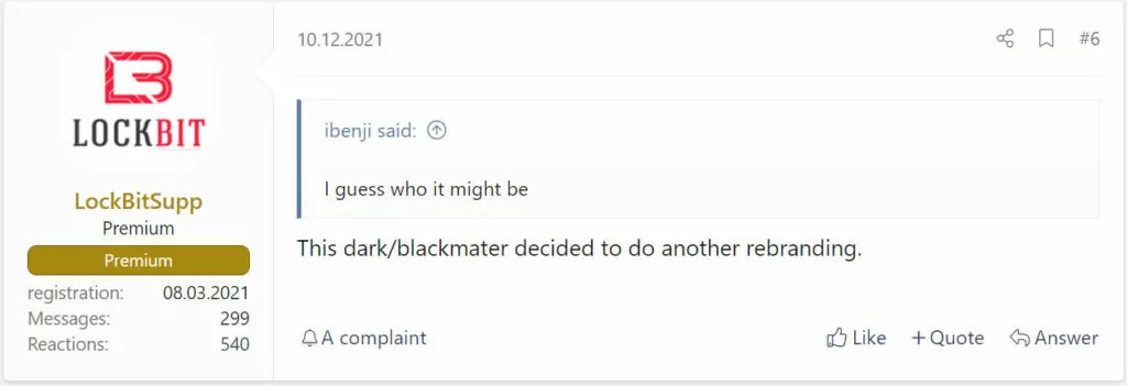 Publicación en el foro de Dark Web de un miembro de LockBit sobre la relación de Blackcat entre BlackMatter y Darkside