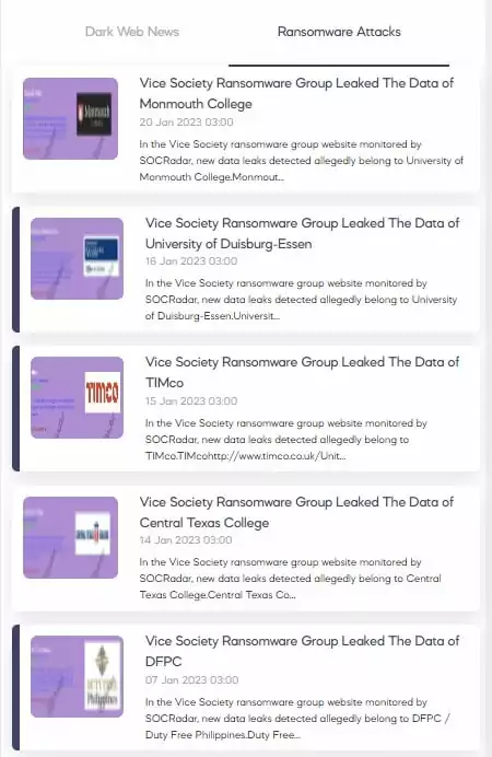 Recent attacks of the Vice Society Ransomware group (Source: SOCRadar XTI platform)