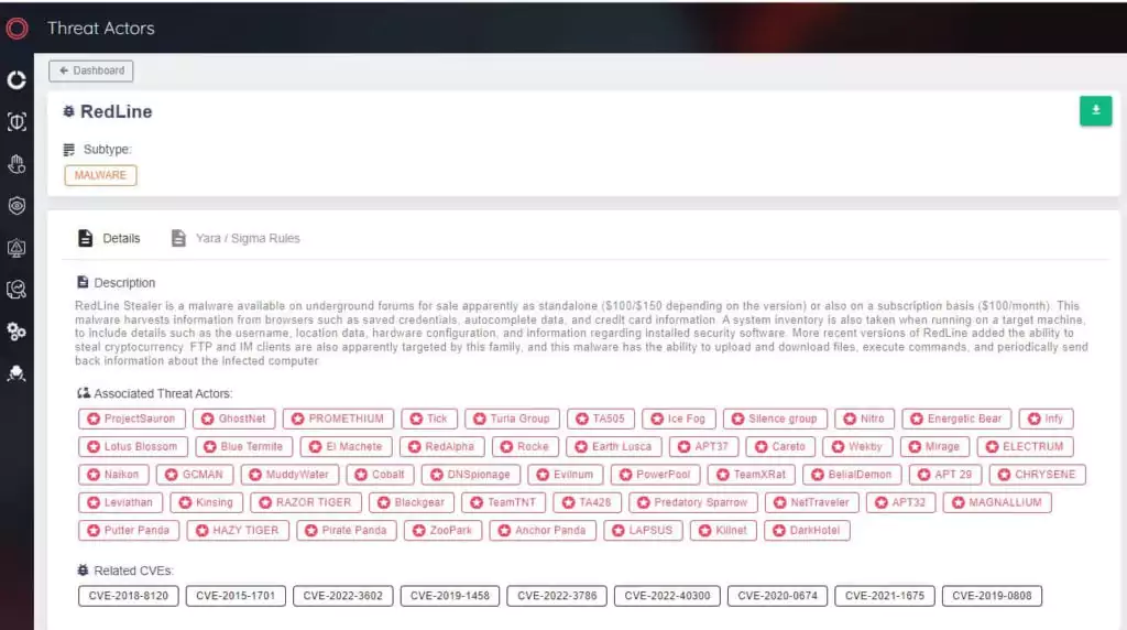 SOCRadar Platform, Threat Actor/Malware Module output for RedLine