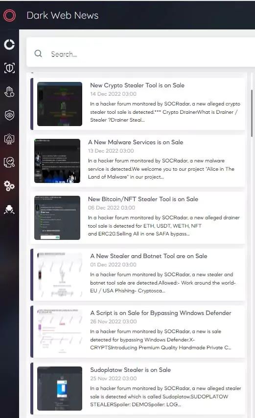 SOCRadar Platform, Dark Web News Module, Stealer selling posts 