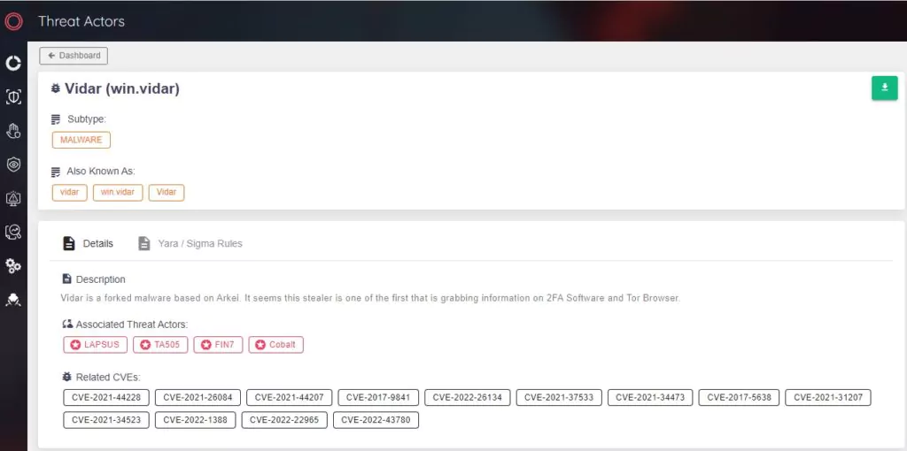 SOCRadar, Threat Actor/Malware Module output for Vidar 