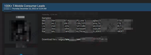 A post from dark web forum shares T-mobile users’ data
