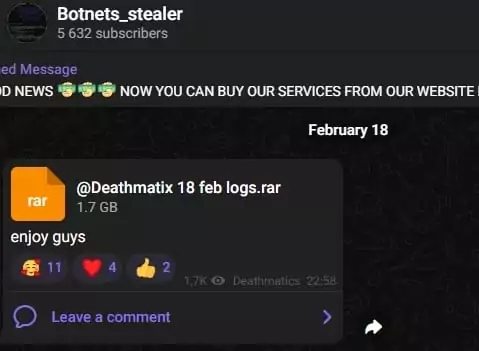 The log file shared by the Deathmatics group, followed by SOCRadar Threat Researchers, is an example of sharing a large size of files using Telegram.