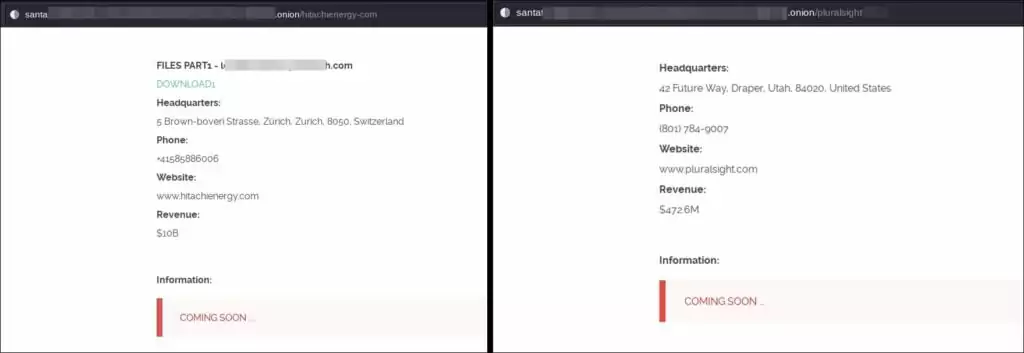 Screenshots about Hitachi and Pluralsight on the Clop leak site