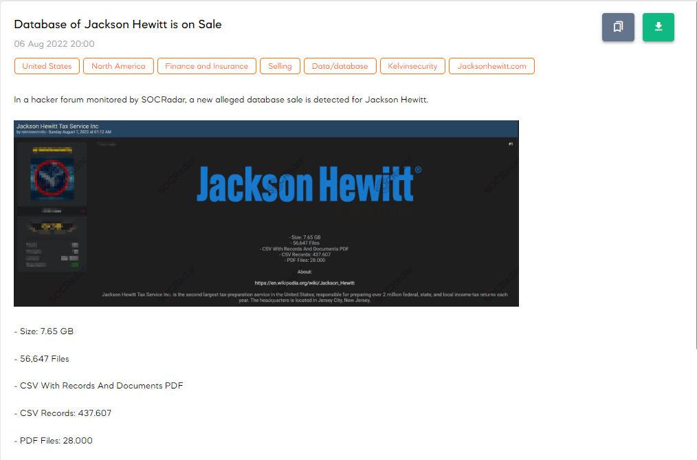 A threat actor sells Jackson Hewitt tax services company's database (Source: SOCRadar)