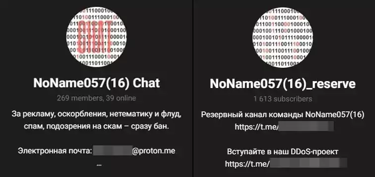 NoName057(16) chat and backup channel’s Telegram information chart.