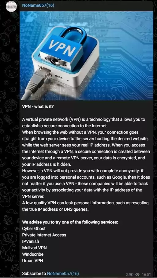 A Telegram post where the group provides information about VPN and product recommendations.