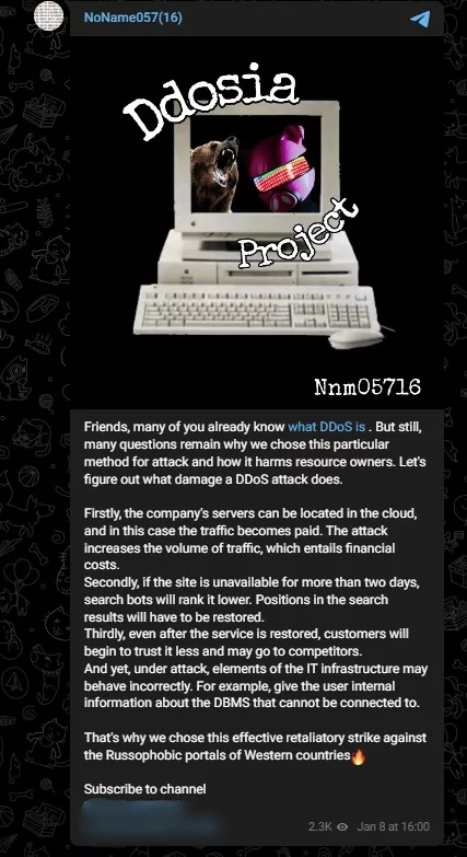 A Telegram post by NoName057(16) about why the group prefers DDoS attacks