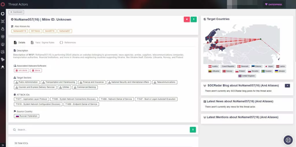 SOCRadar’s Threat Actor page of NoName057(16)