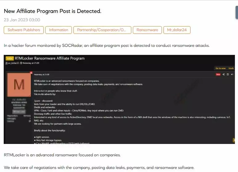 RTMLocker ransomware advertisement (Source: SOCradar XTI Platform)