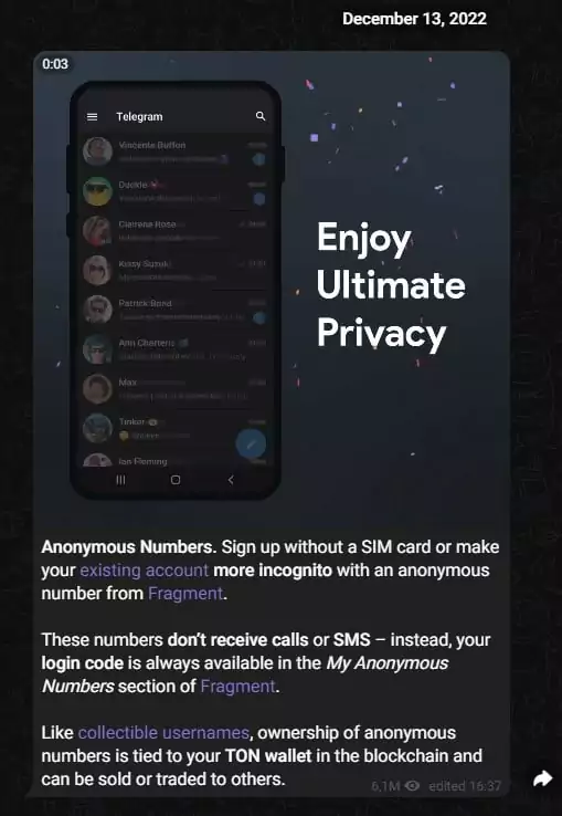 Telegram post mentioned the "Anonymous Numbers" feature on December 13, 2022.