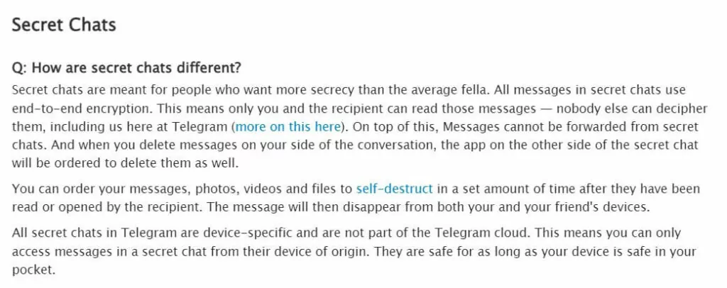 Secret Chats feature explaining end-to-end encryption on Telegram's FAQ page.