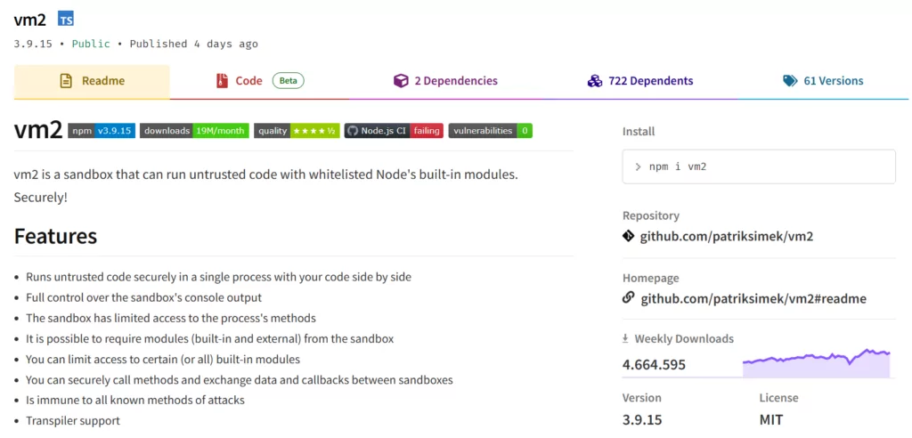 The vm2 library has over 4 million weekly downloads on NPM.